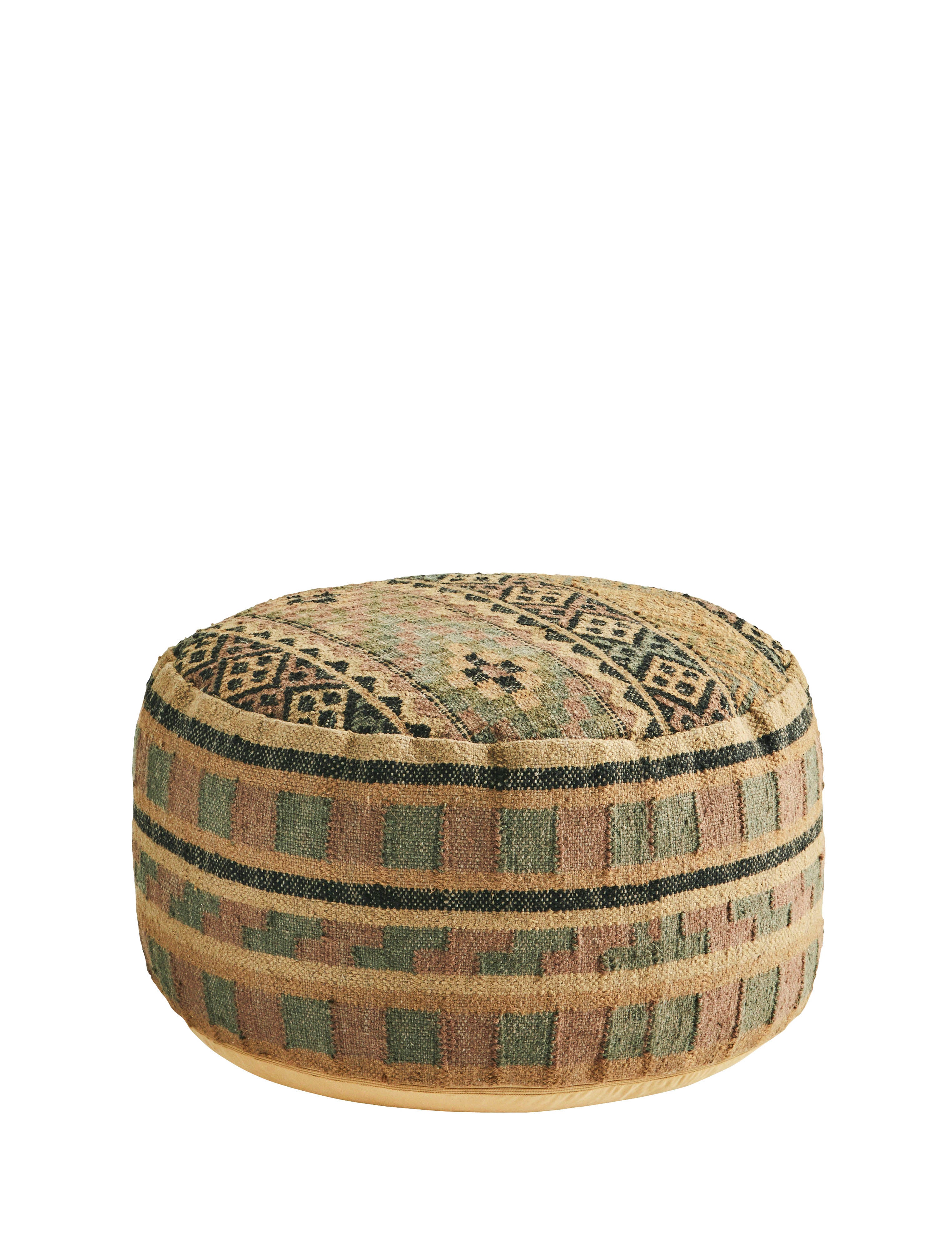 Handwoven Jute Pouffe - Camel, Olive & Rose