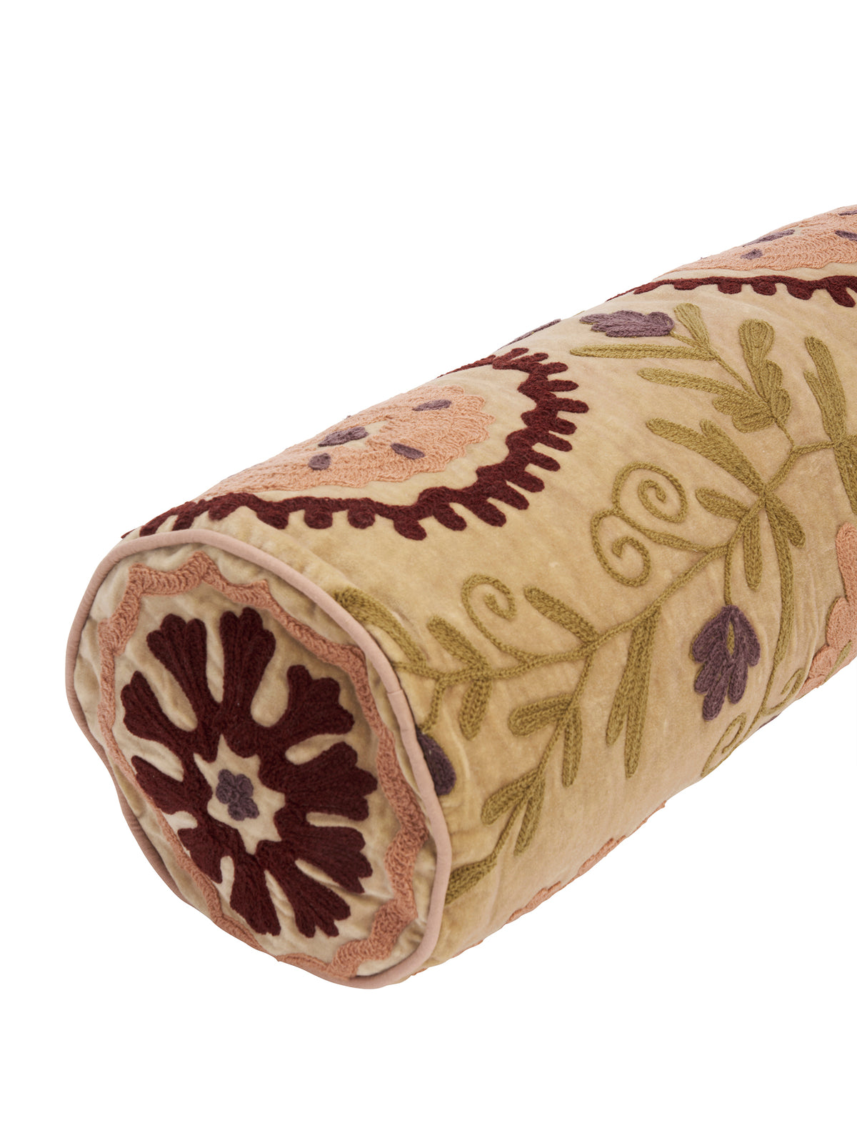 Suzani Embroidered Velvet Bolster Cushion - Merlot