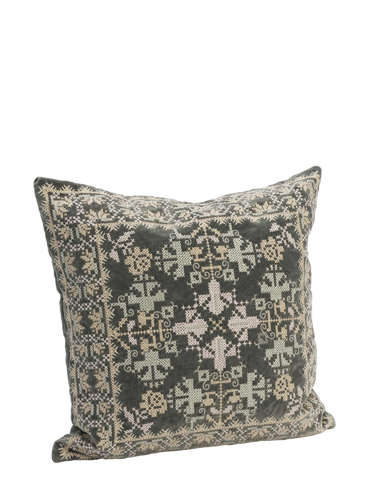 Embroidered Velvet Cushion - Grey, Stone, Mint