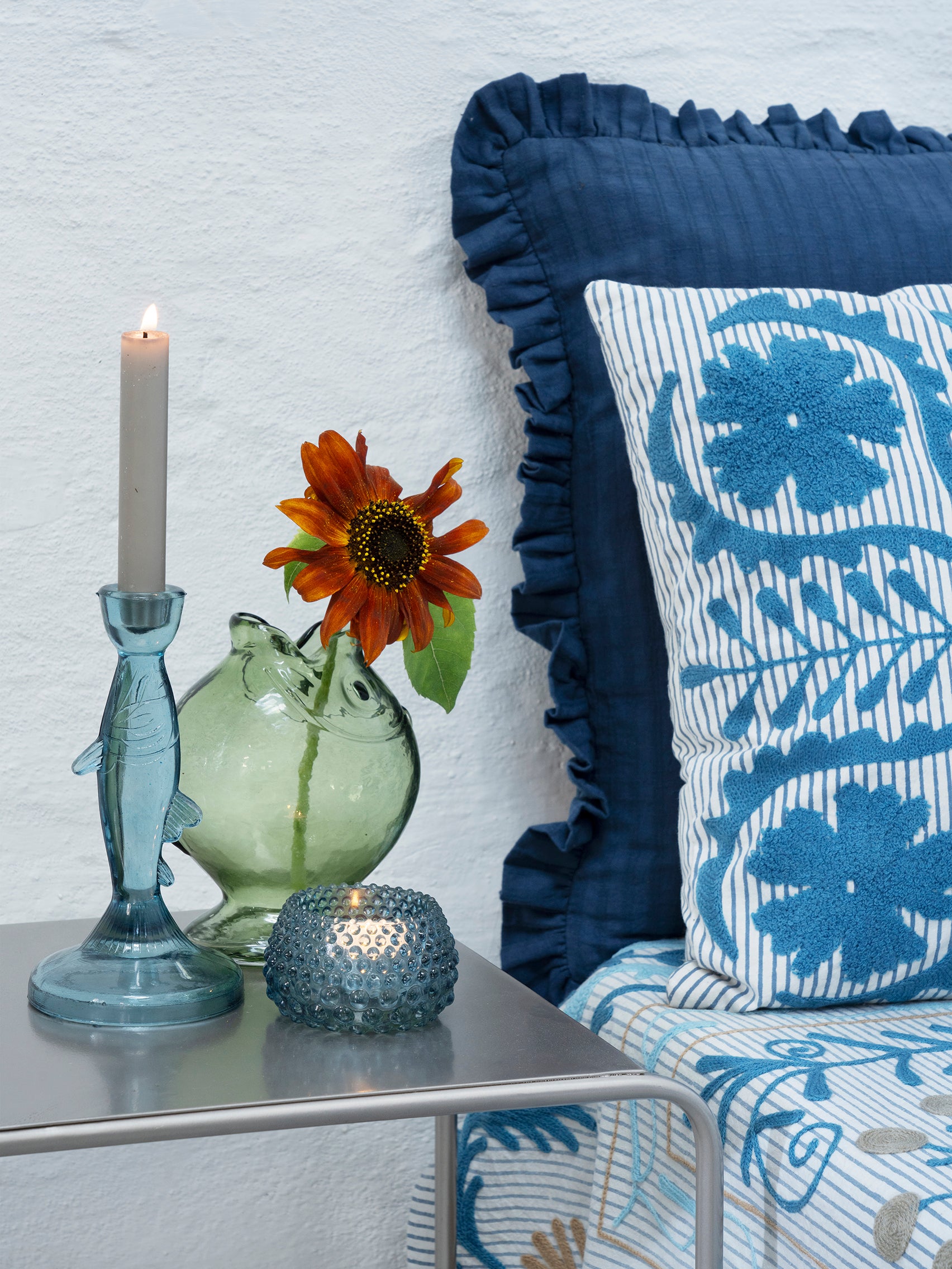 Rubie Ruffled Stripe Cotton Cushion - Dark Blue