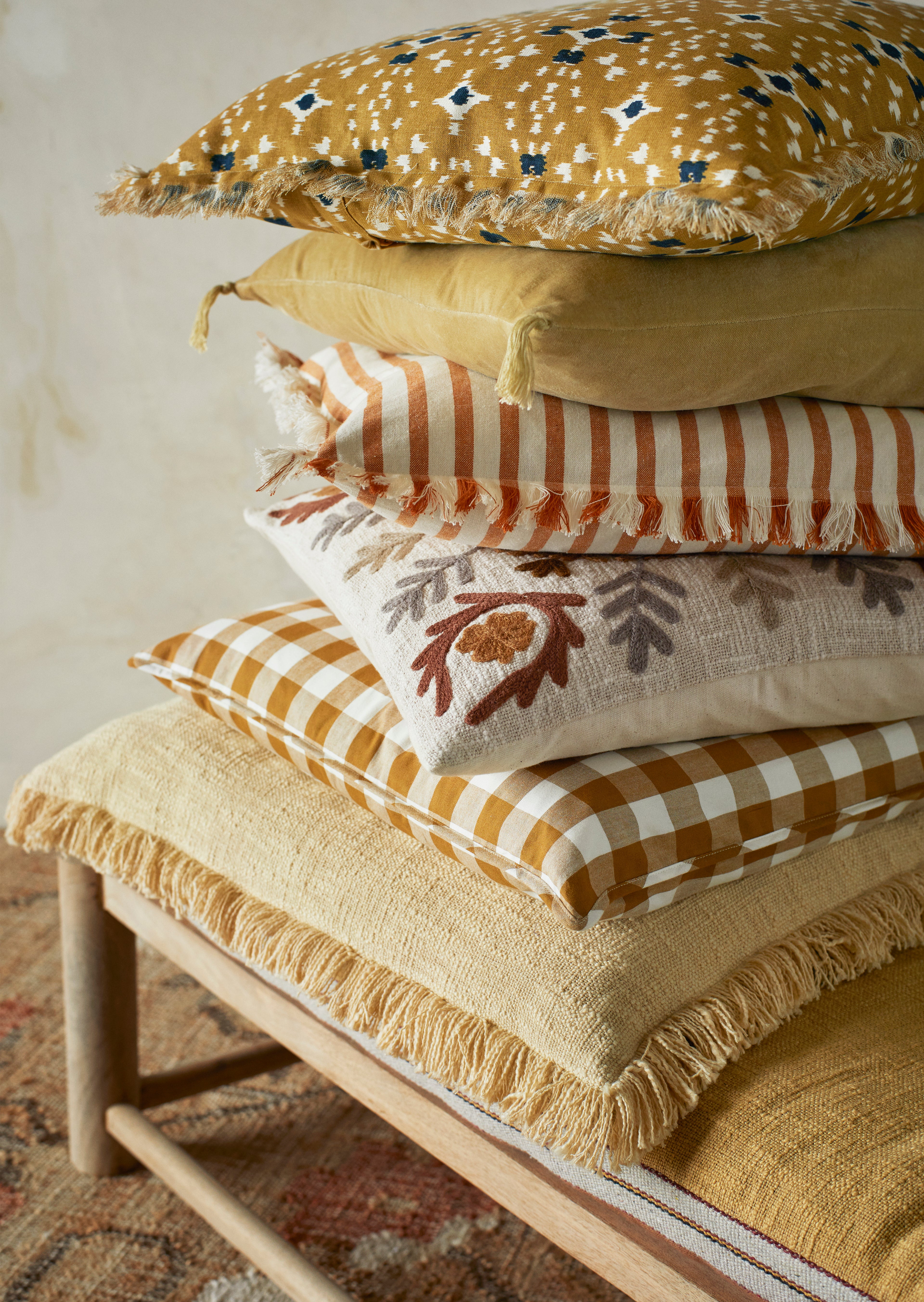 Rue Striped cushion - Ochre, Dark Honey - Fringed Detailing