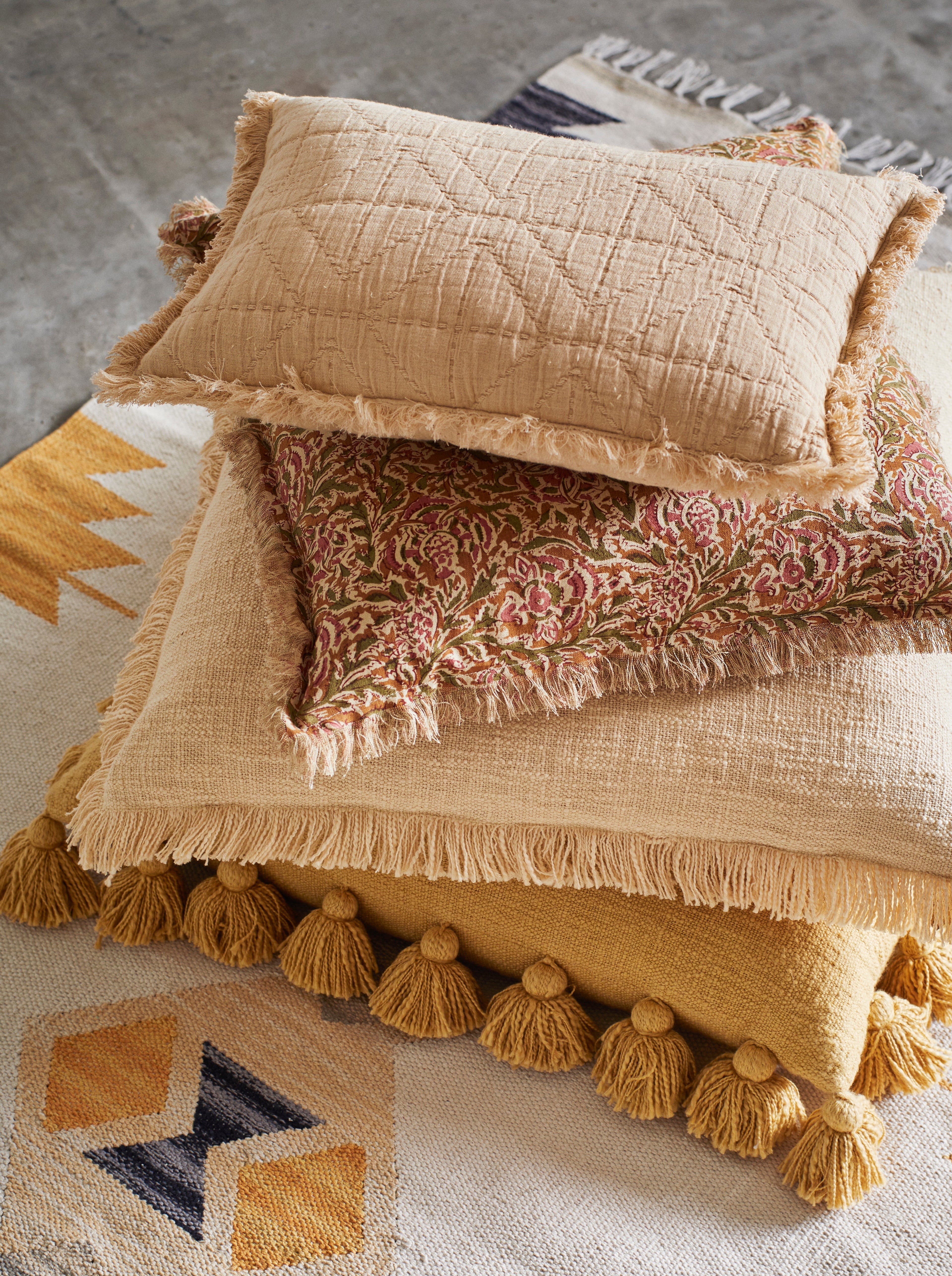 Paisley Printed Cushion with Fringe - Honey, Rose, Green & Off White