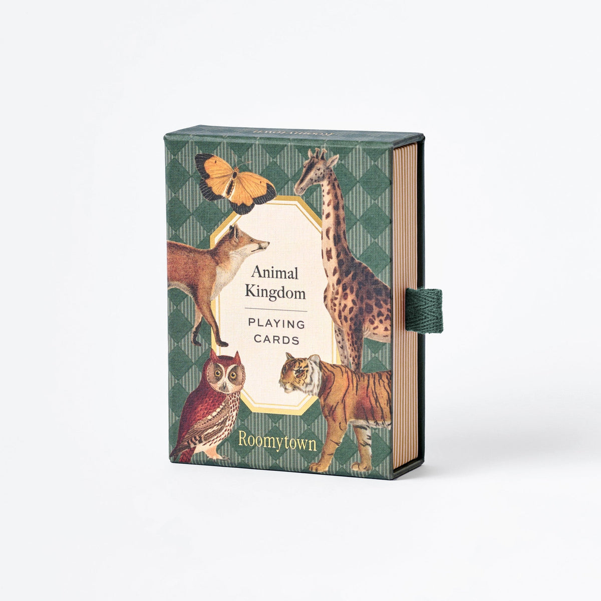 Roomytown Animal Kingdom Single Deck Playing Cards with illustrations of a butterfly, fox, giraffe, owl, and tiger.