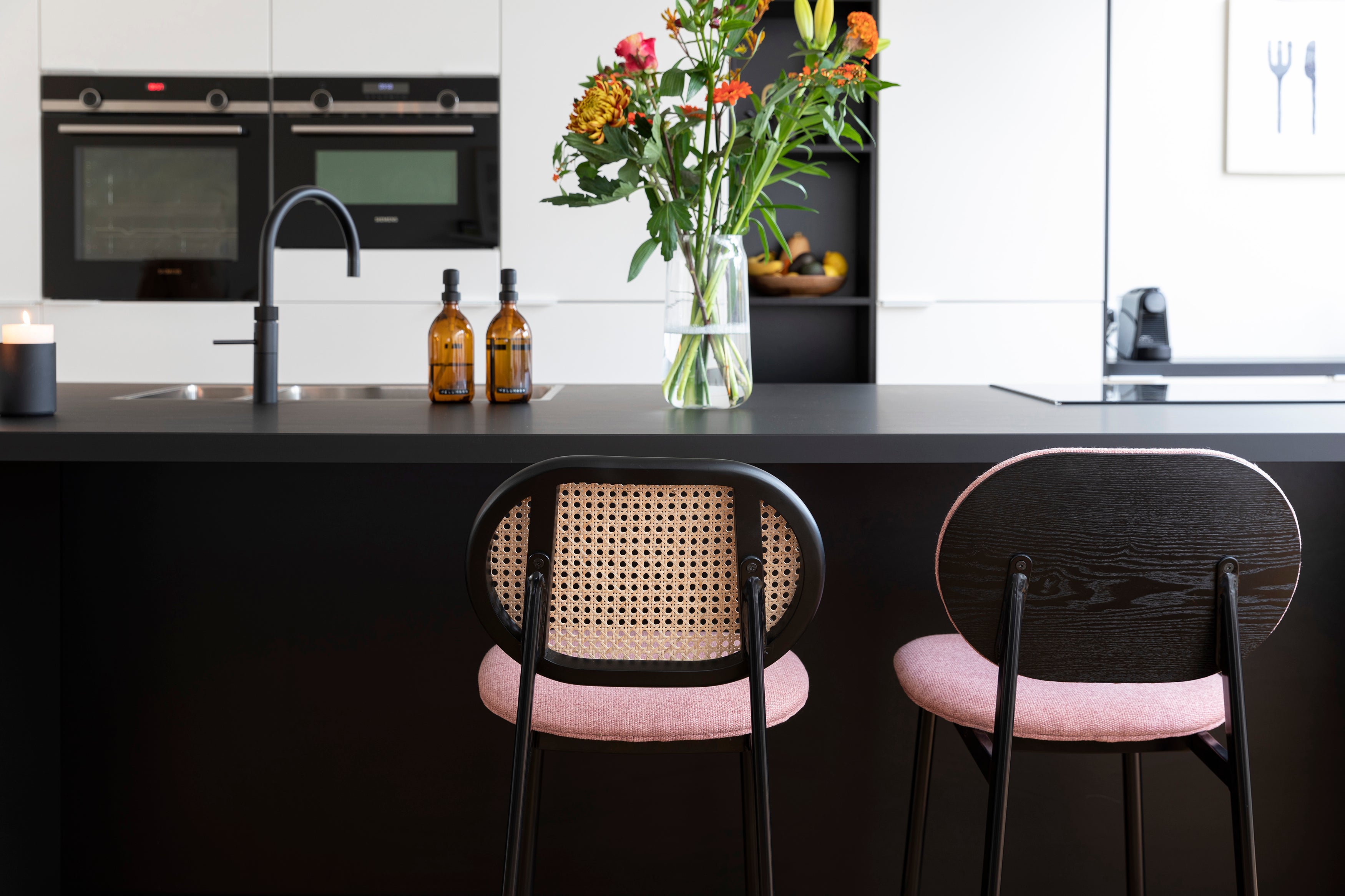 Pink and Cane Webbing Spike Bar Stool