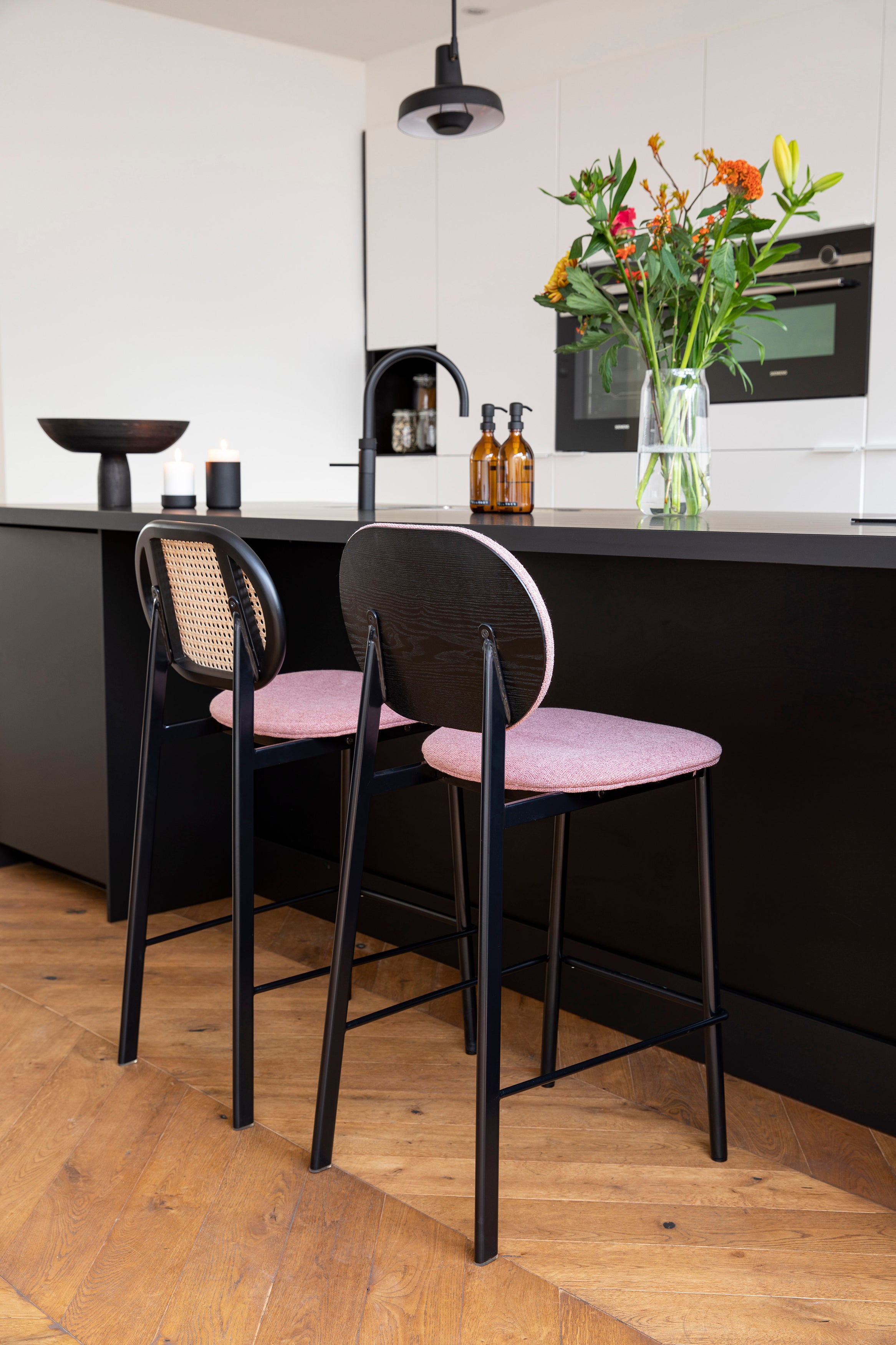 Pink and Cane Webbing Spike Bar Stool