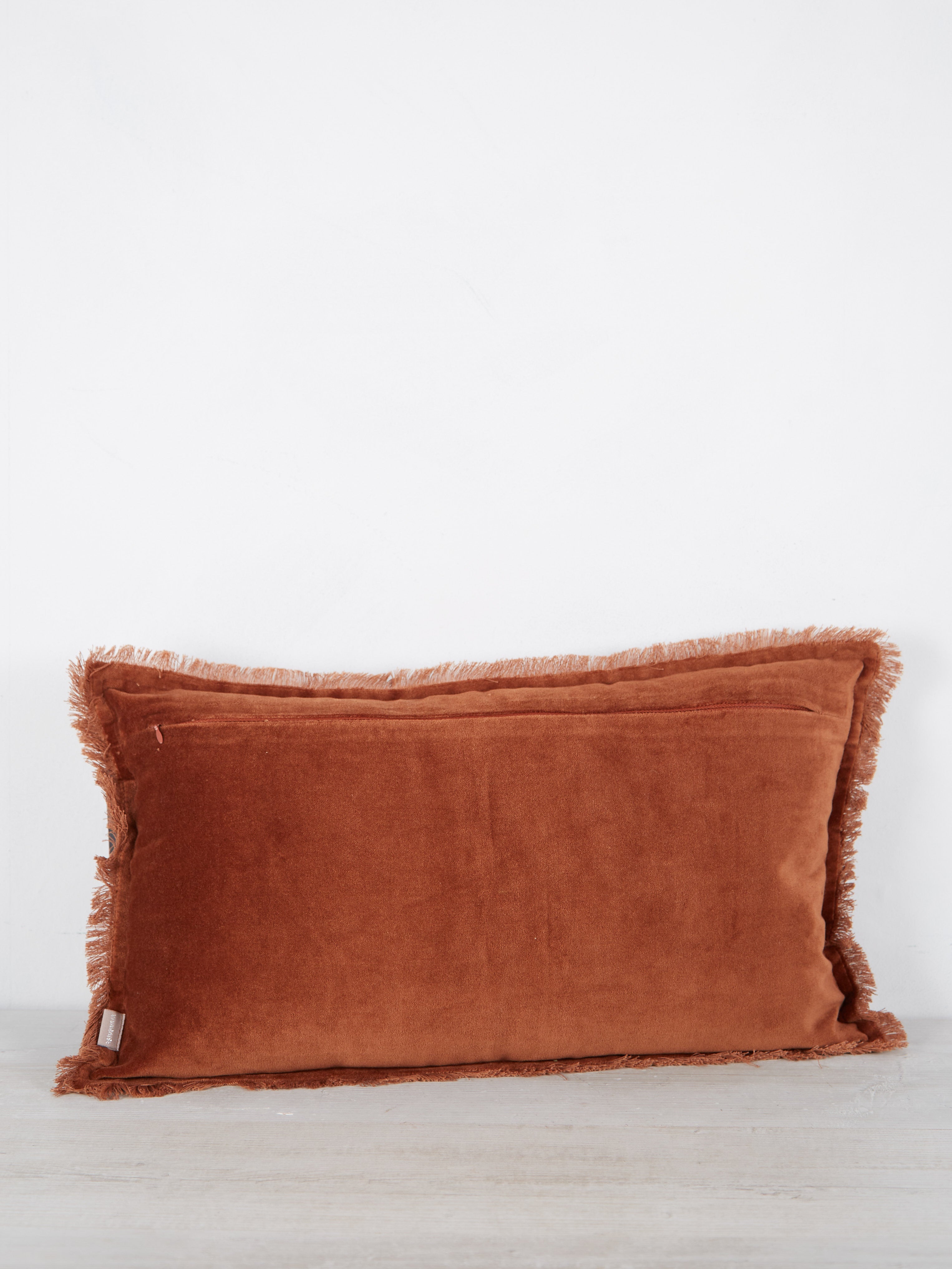 Fara Fringed Velvet Cushion - Caramel - 3 Sizes Available