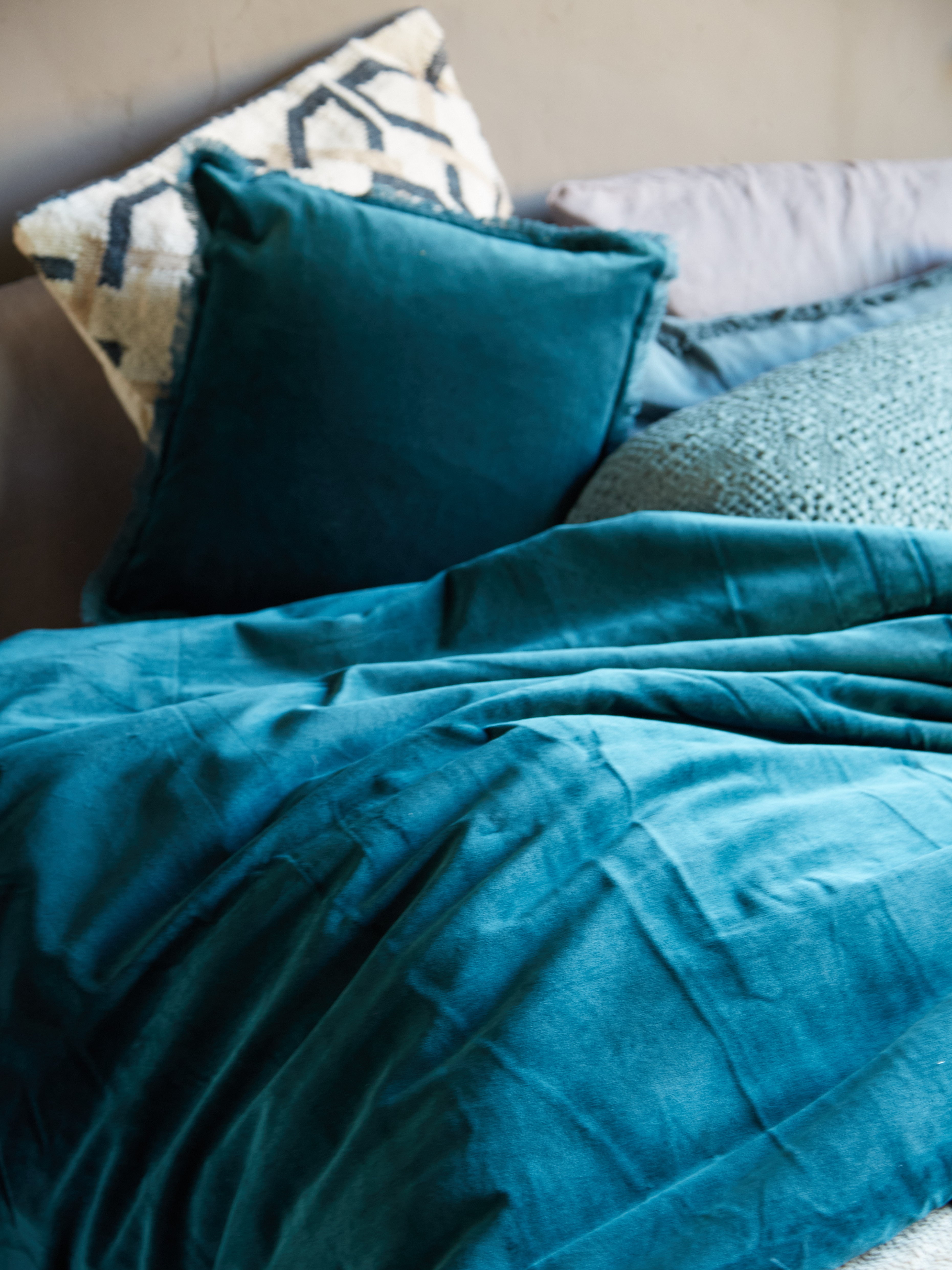 Fara Velvet Fringed Bedspread in Deep Teal