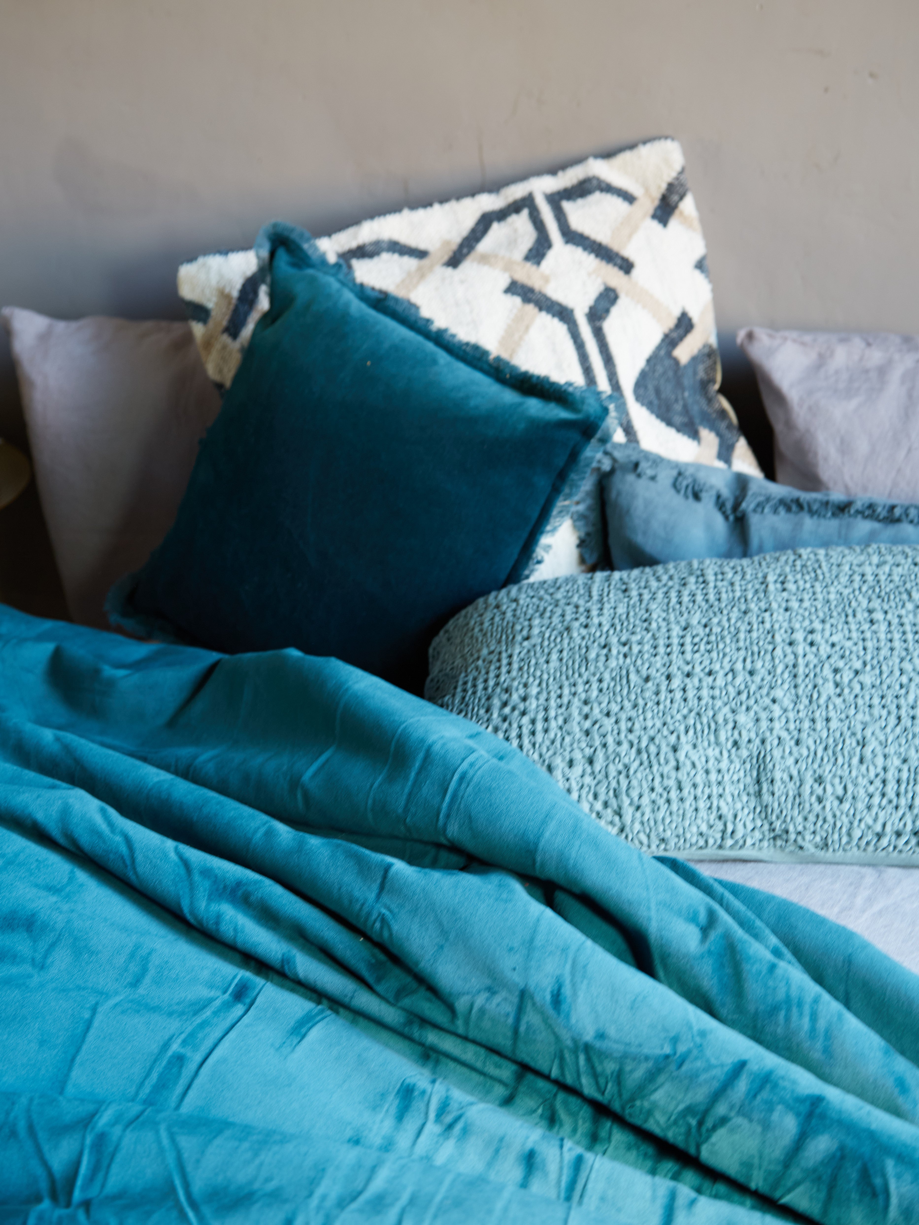 Fara Velvet Fringed Bedspread in Deep Teal