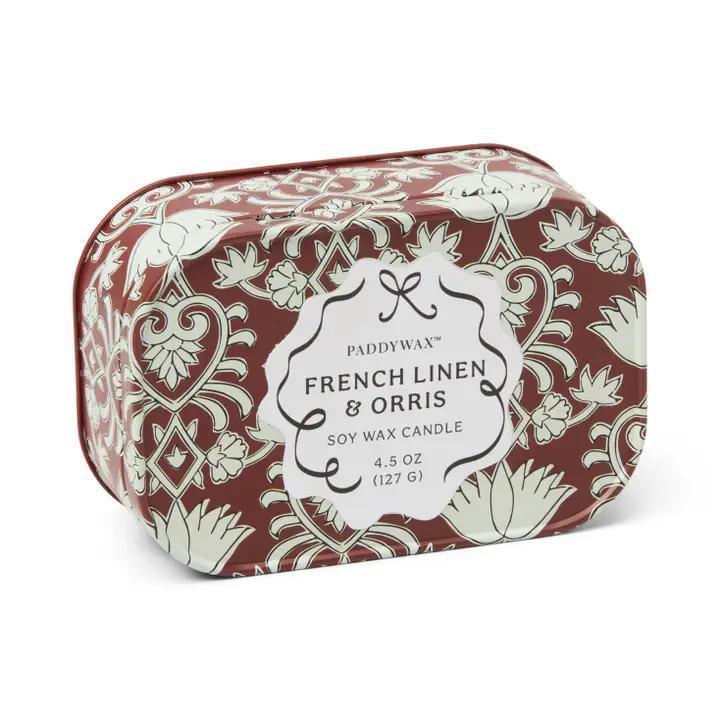 Cherie 4.5oz/127g Printed Tin Candle - Crimson &amp; Cream - French Linen &amp; Orris