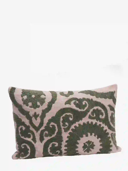 Suzani Embroidered Velvet Cushion - Lilac, Green