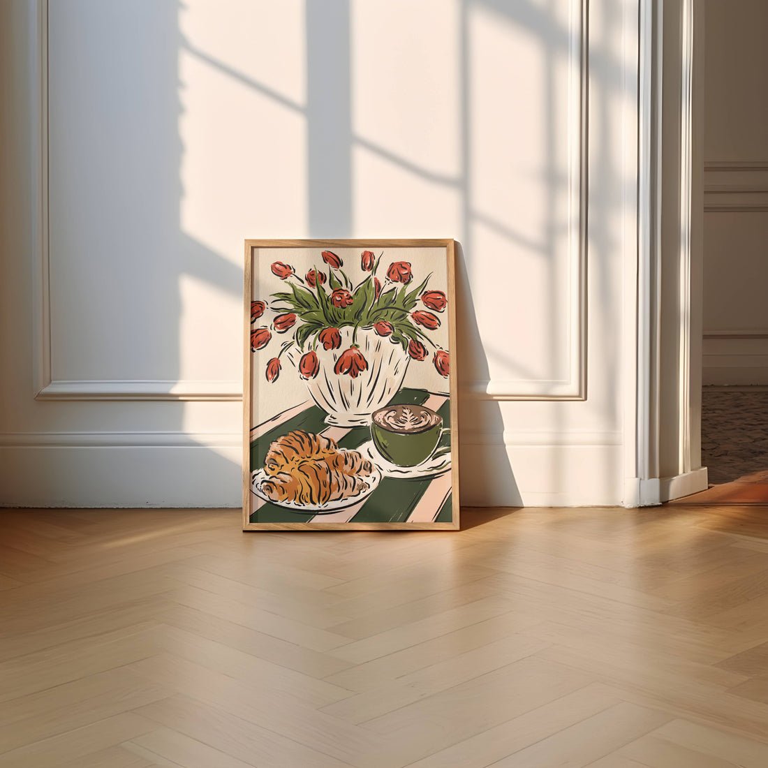 Coffee, croissants and tulips Art Print