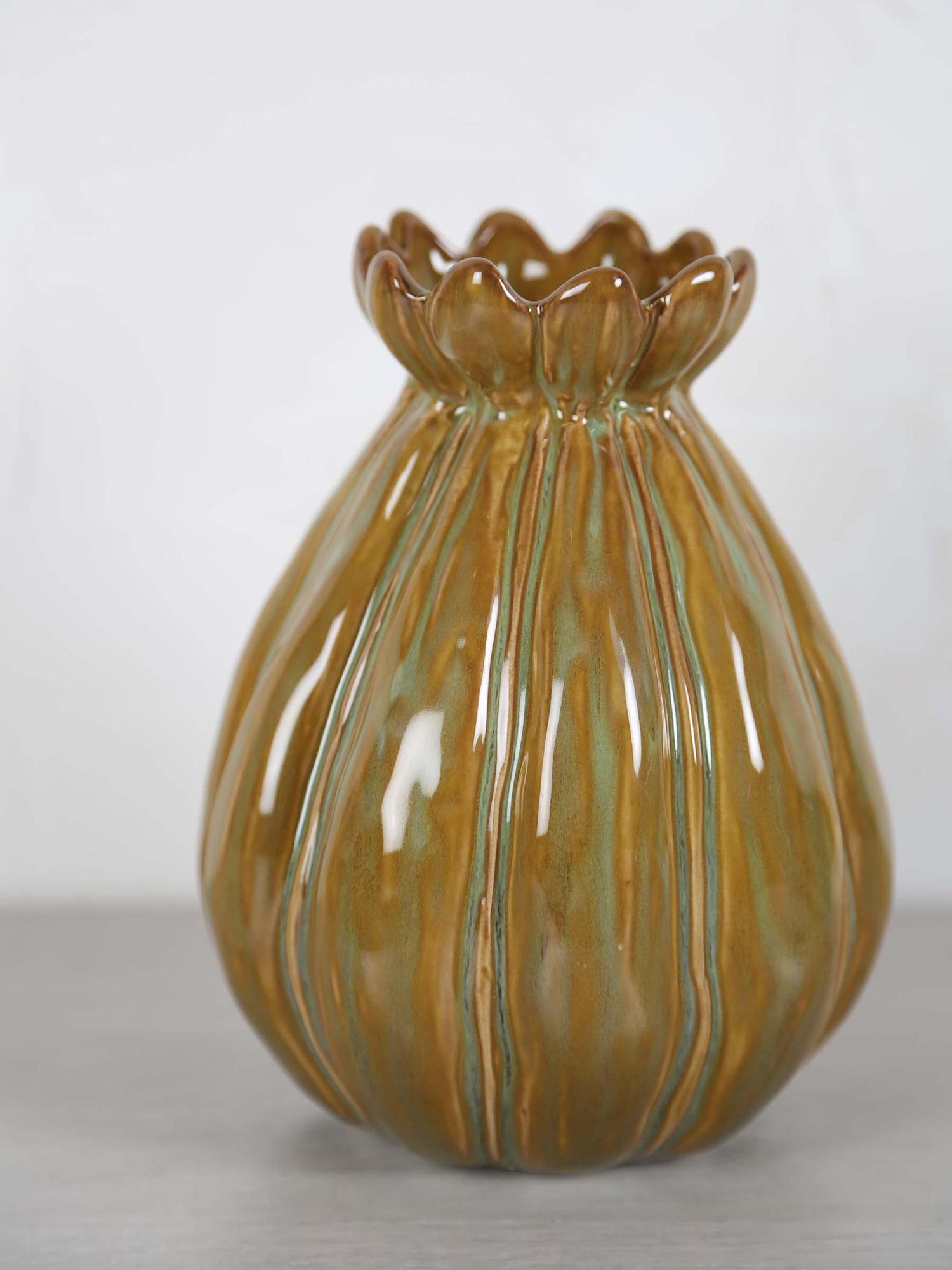 Feline Ceramic Vase -Brown, Green