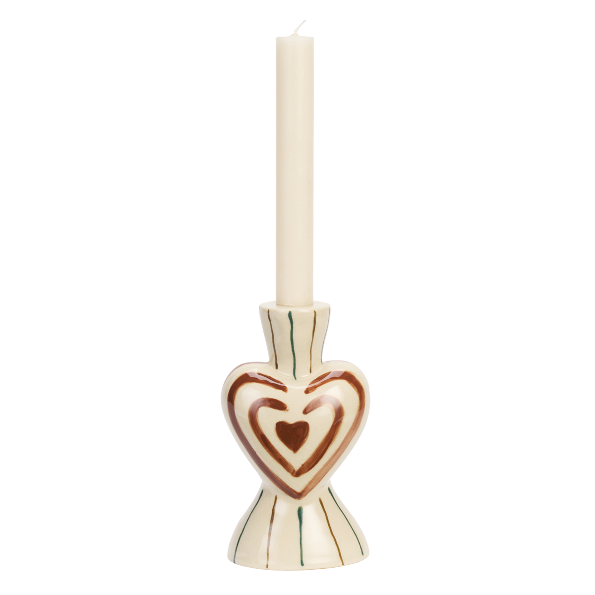 Madam Stoltz hand-painted candle holder with a prominent heart design, stripes, and a white candle.