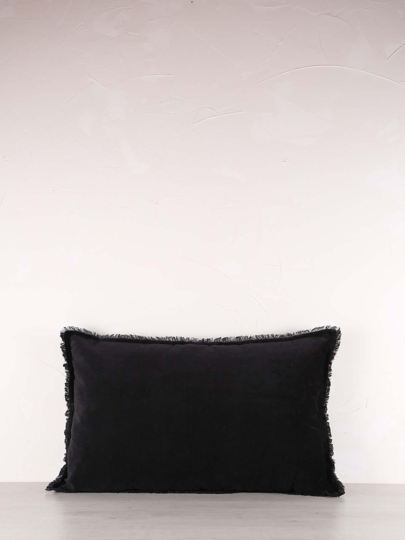 Fara Fringed Velvet Cushion - Caviar - 3 Sizes Available