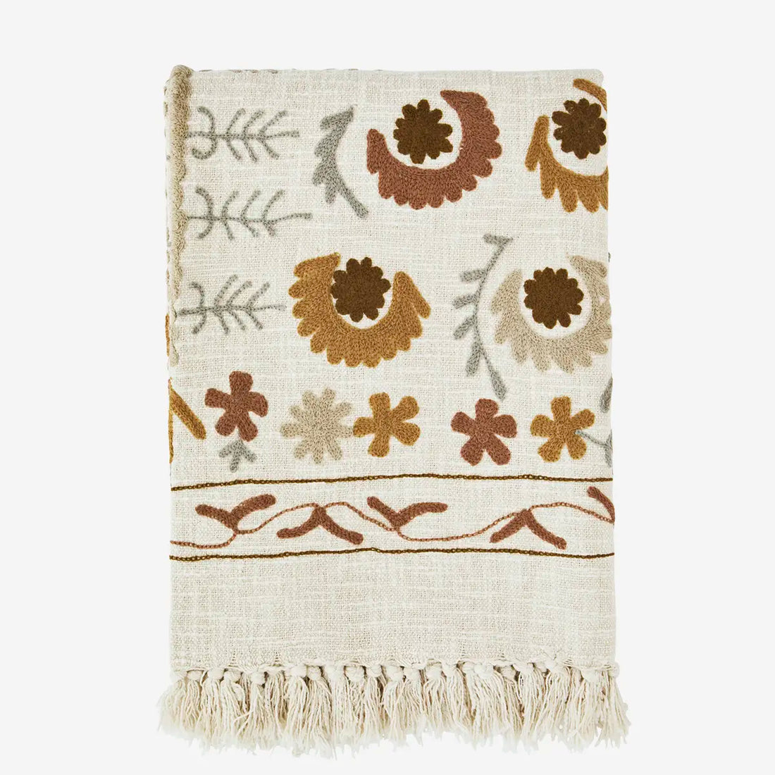 Suzani Floral embroidered throw - Off White, Tobacco