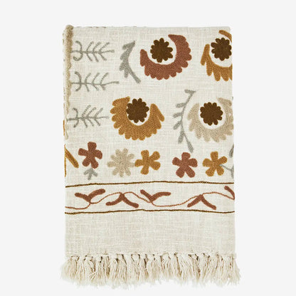 Suzani Floral embroidered throw - Off White, Tobacco