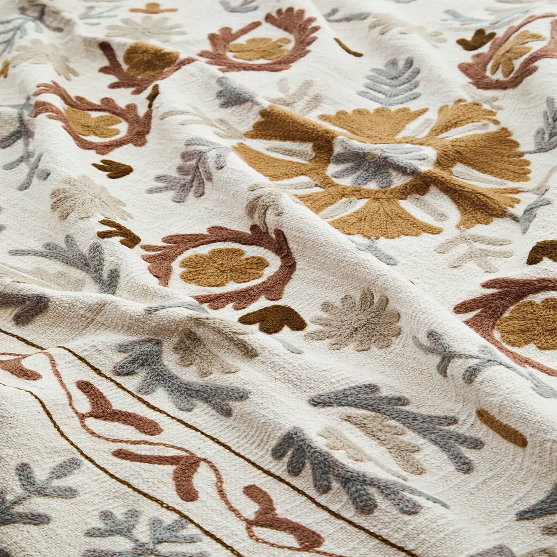 Suzani Floral embroidered throw - Off White, Tobacco