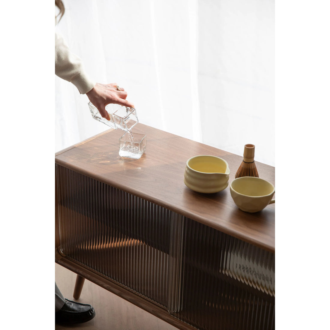 Rise Wood &amp; Ribbed Glass Sideboard - Walnut - Medium