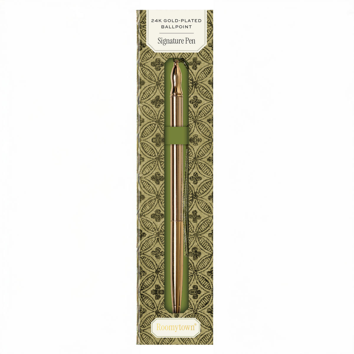 Roomytown 24K Gold Plated Ballpoint Pen in elegant green patterned packaging, ideal for signature writing.