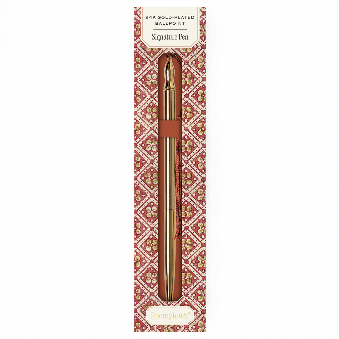 24K Gold Plated Ballpoint Pen by Roomytown in ornate red and gold patterned packaging.