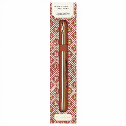 24K Gold Plated Ballpoint Pen by Roomytown in ornate red and gold patterned packaging.