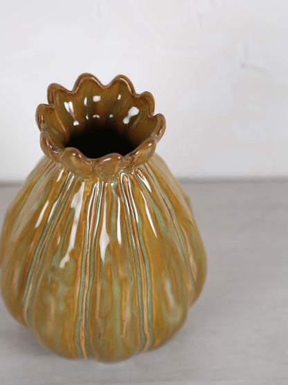 Feline Ceramic Vase -Brown, Green