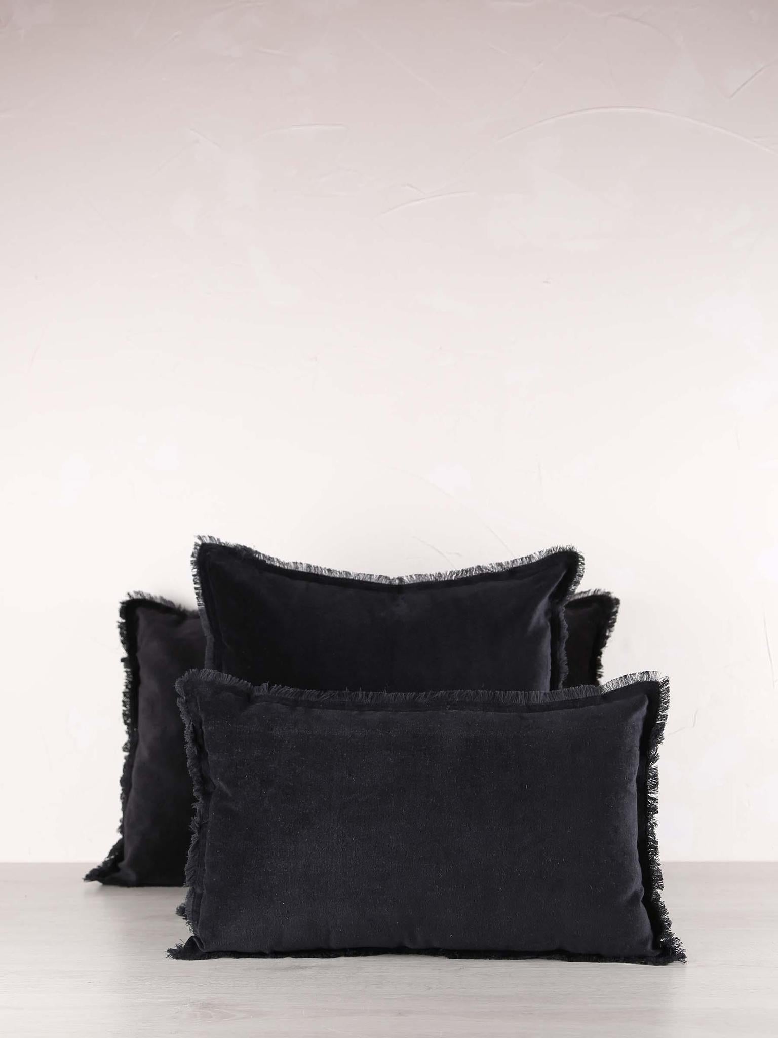 Fara Fringed Velvet Cushion - Caviar - 3 Sizes Available