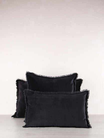 Fara Fringed Velvet Cushion - Caviar - 3 Sizes Available
