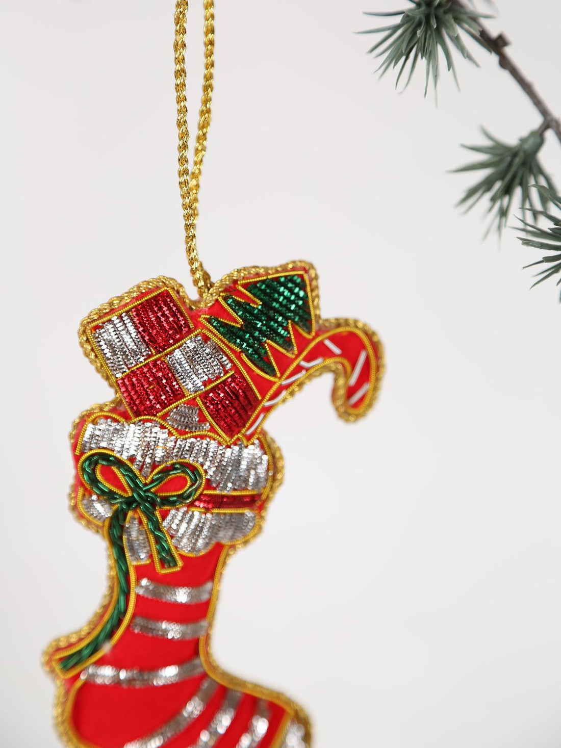 Santian Red fabric Beaded Stocking Ornament