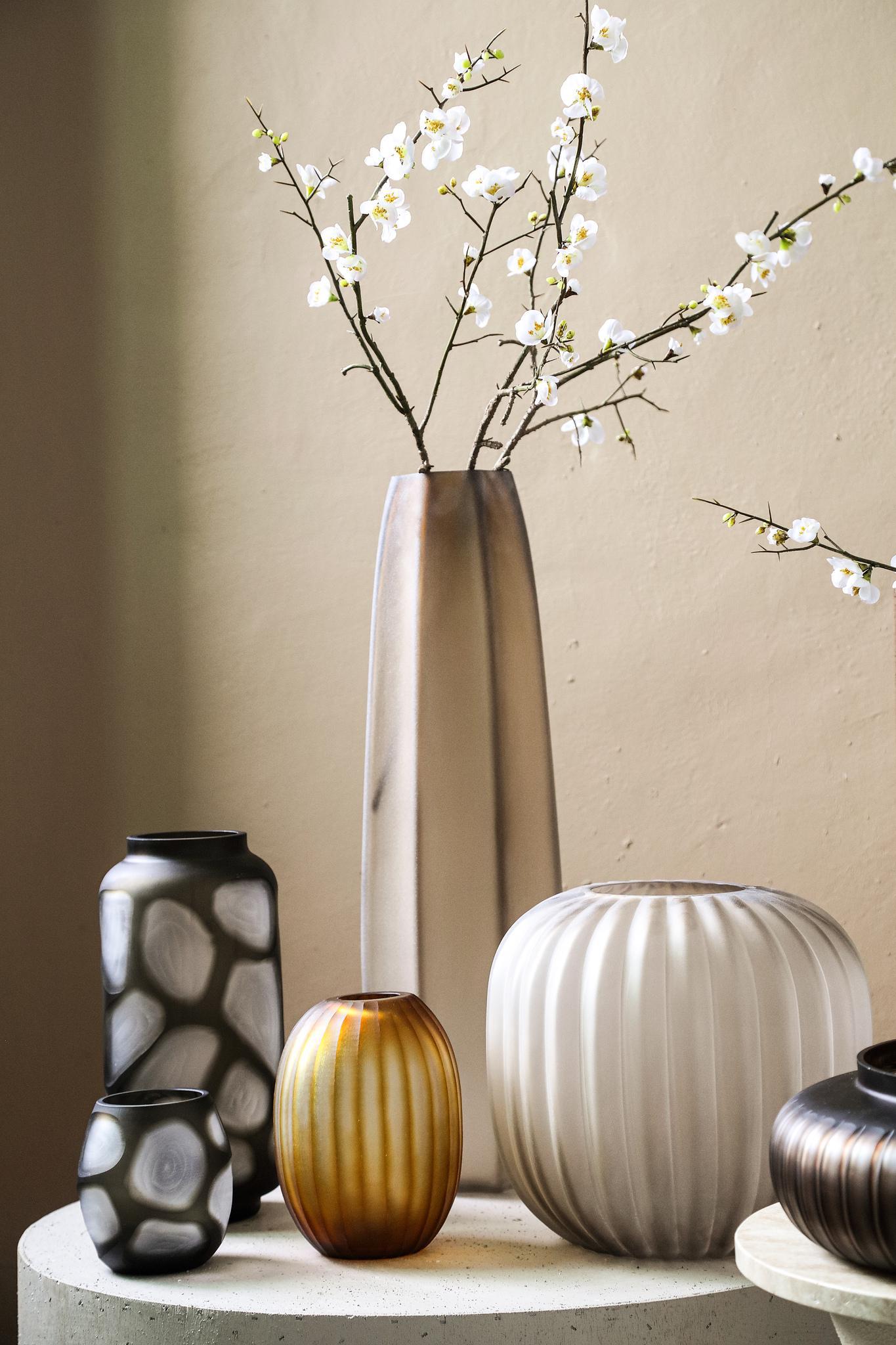 Lavanya Brown Carved Glass Round Vase Ribbed Low