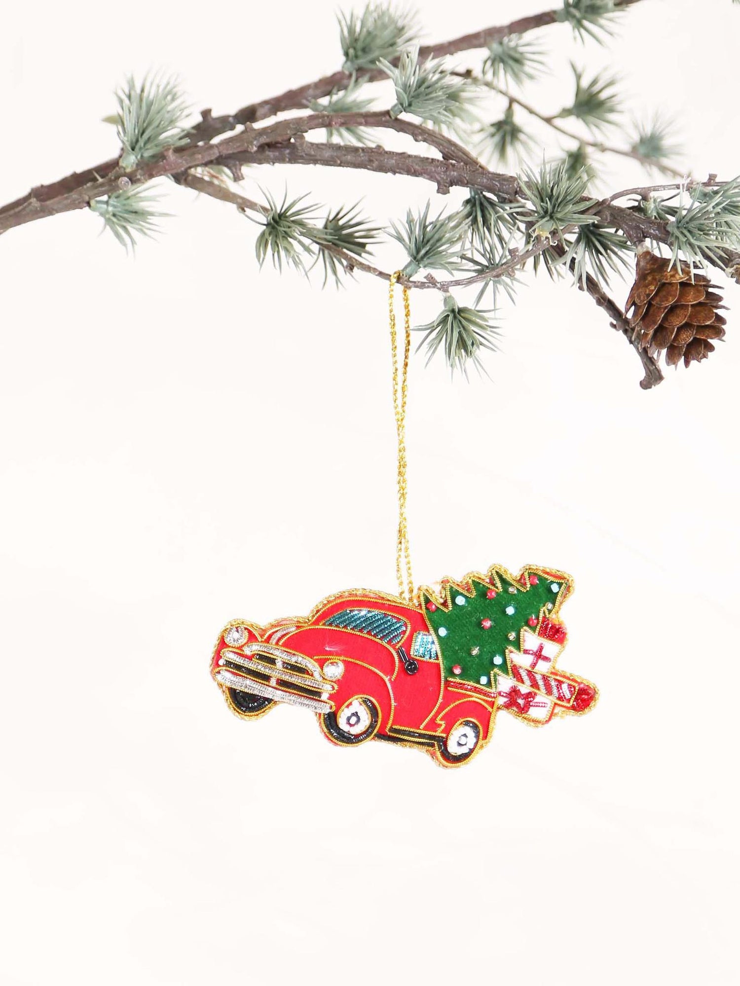 Santian Red fabric car with tree hanger with beads