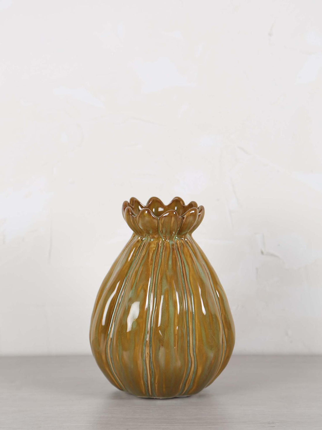 Feline Ceramic Vase -Brown, Green