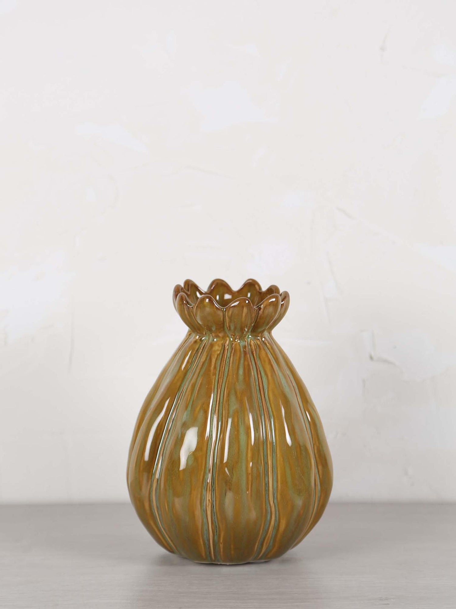 Feline Ceramic Vase -Brown, Green