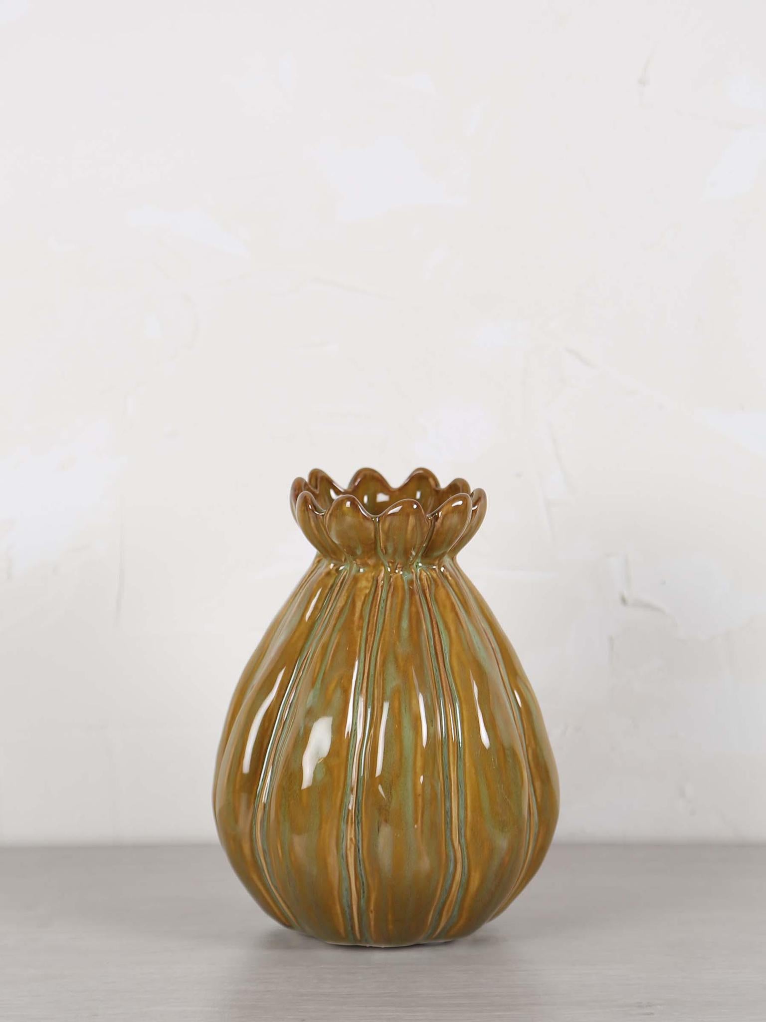 Feline Ceramic Vase -Brown, Green