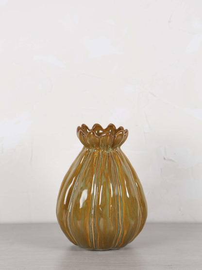 Feline Ceramic Vase -Brown, Green