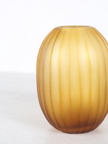 Lavanya Brown Carved Glass Round Vase Ribbed Low
