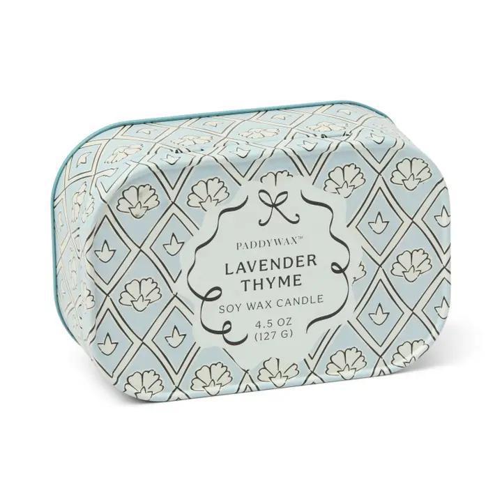 Cherie Printed Tin Candle - Blue &amp; White - Lavender &amp; Thyme