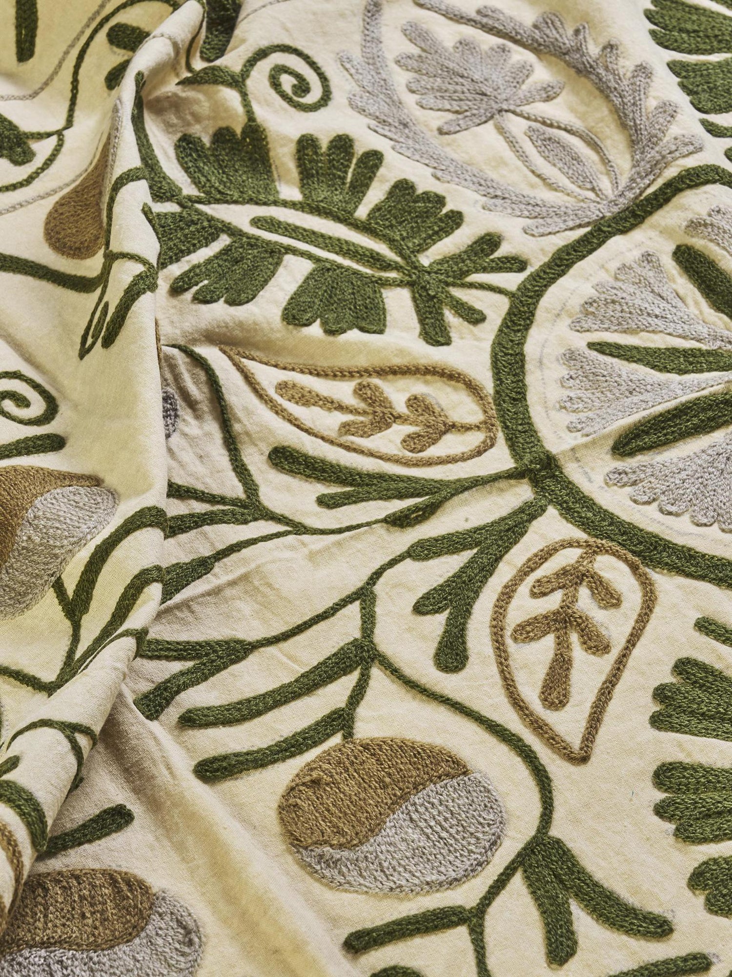 Suzani Cotton Embroidered Throw Ecru, green &amp; tapenade