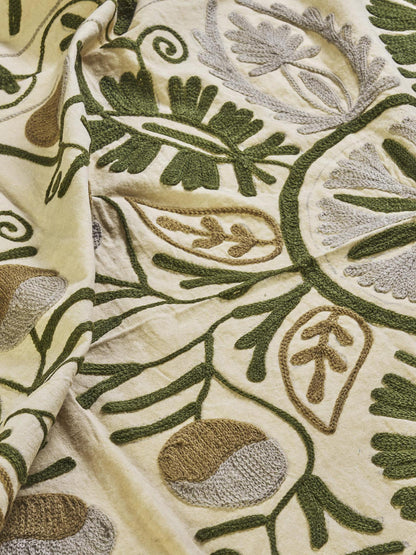 Suzani Cotton Embroidered Throw Ecru, green &amp; tapenade