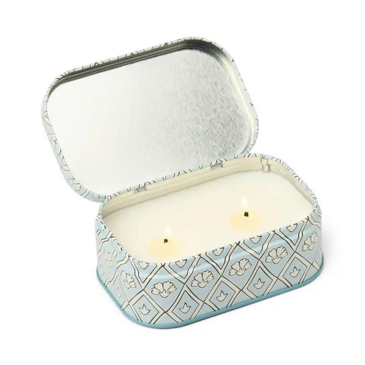 Cherie Printed Tin Candle - Blue & White - Lavender & Thyme