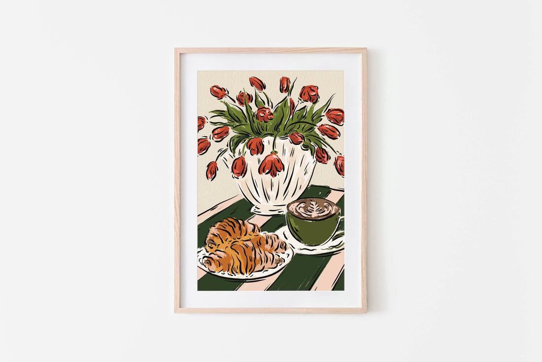 Coffee, croissants and tulips Art Print