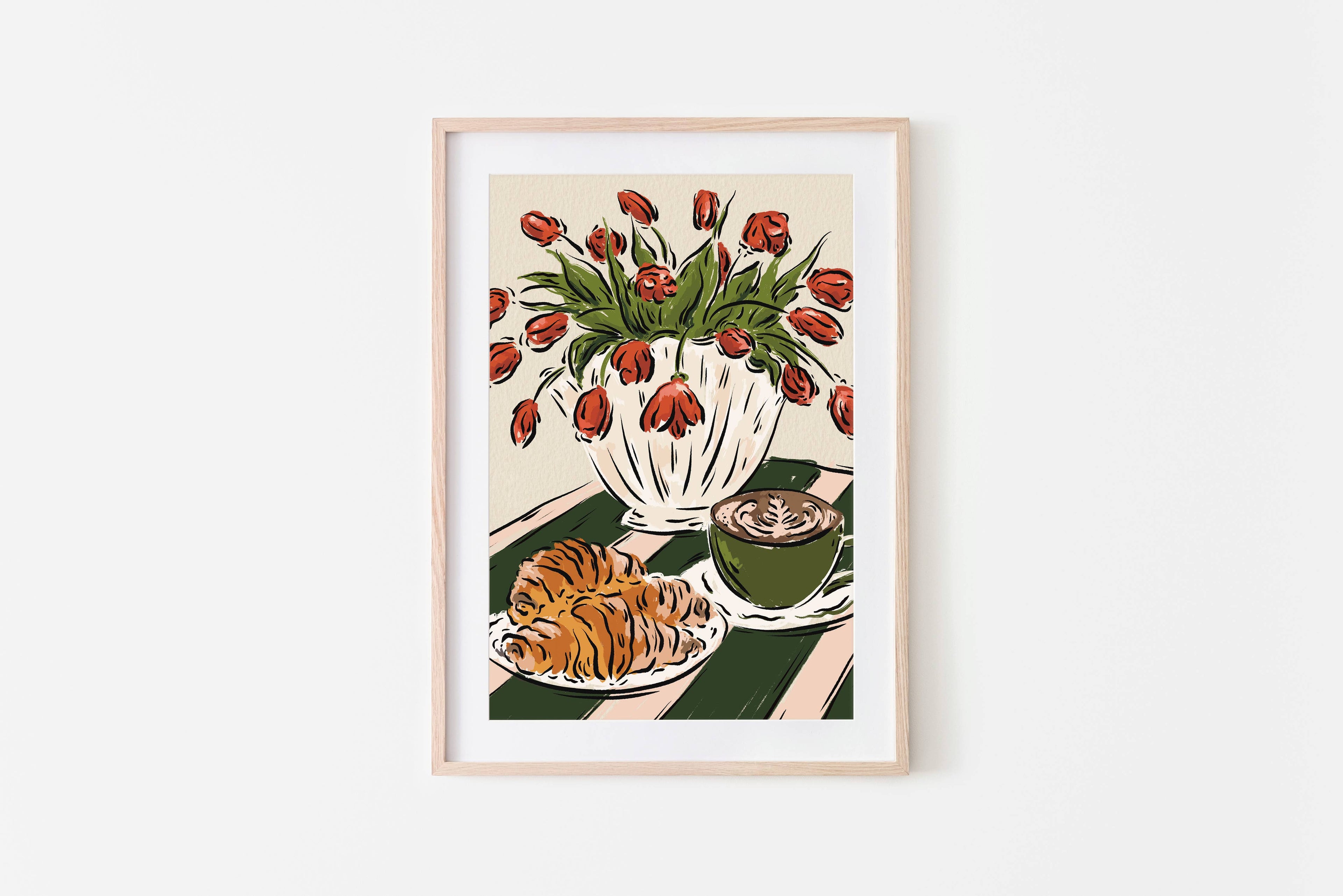 Coffee, croissants and tulips Art Print