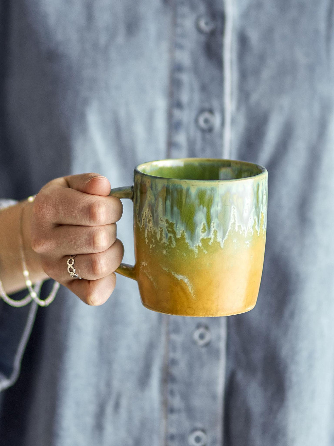 Milani Mug - Green, Ochre Patterned - Stoneware