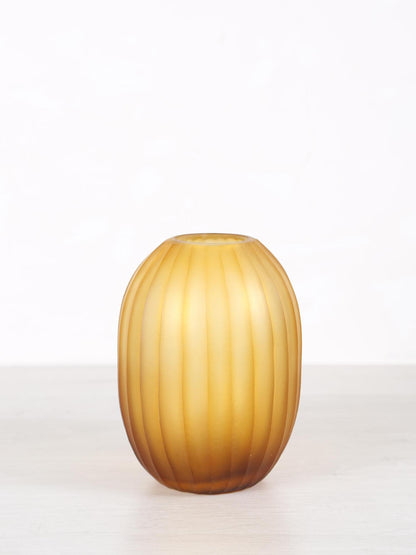 Lavanya Brown Carved Glass Round Vase Ribbed Low