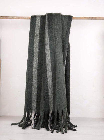 Isabel Recycled Striped Fringed Throw - Olive, Sage