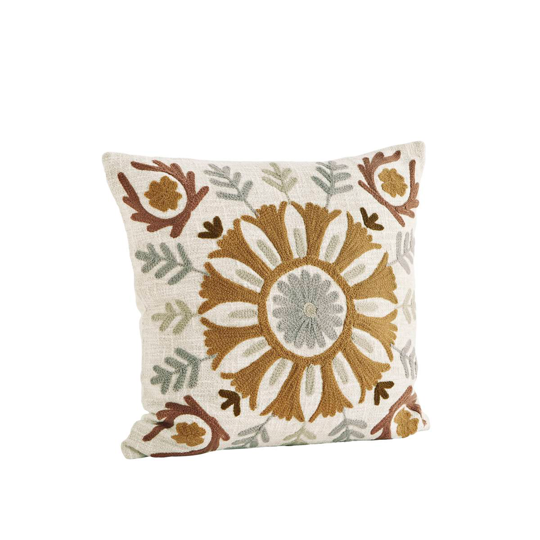Suzani Embroidered Cushion - Cotton, Off White, Grey, Brown, Tobacco