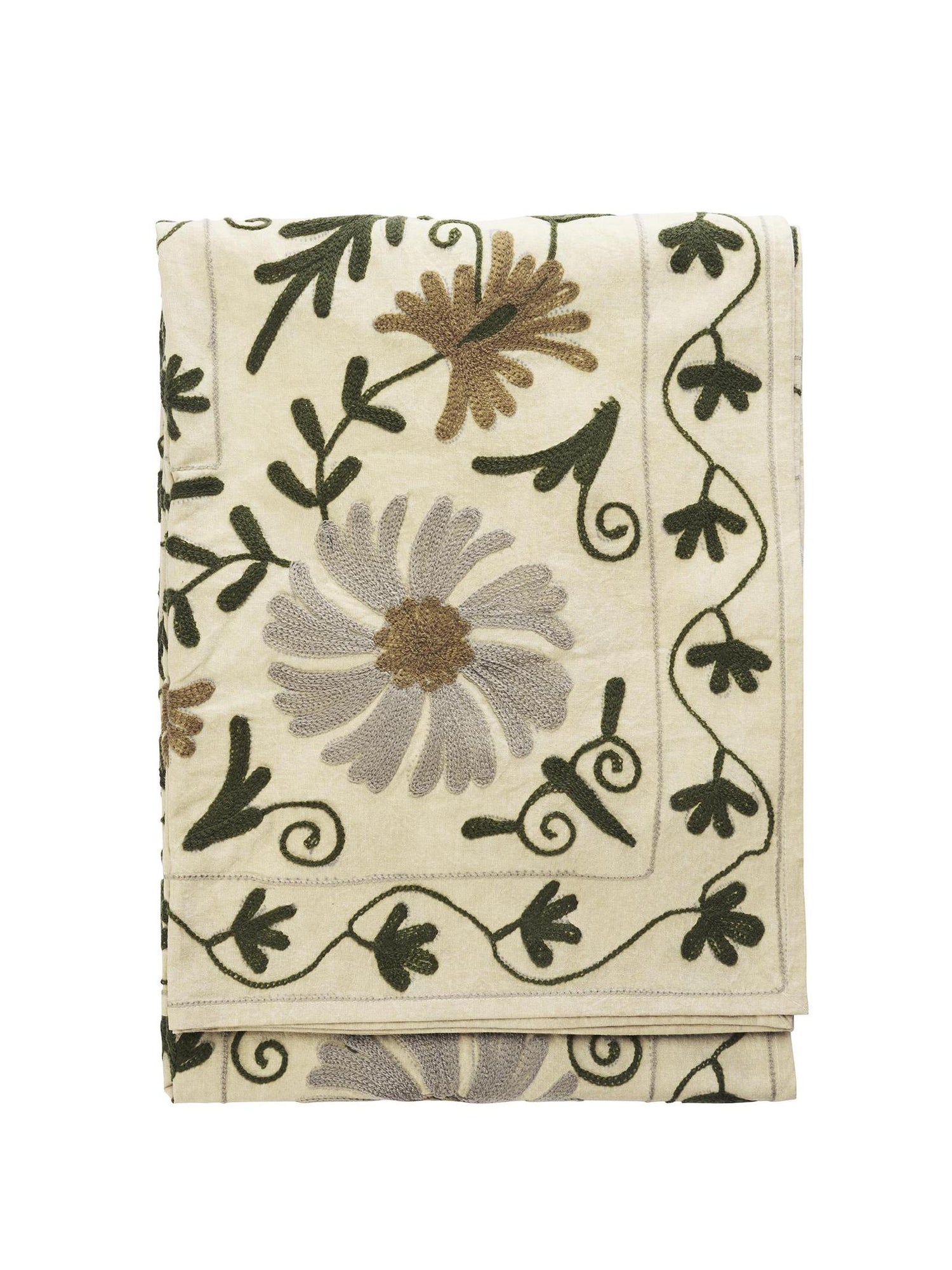 Suzani Cotton Embroidered Throw Ecru, green &amp; tapenade