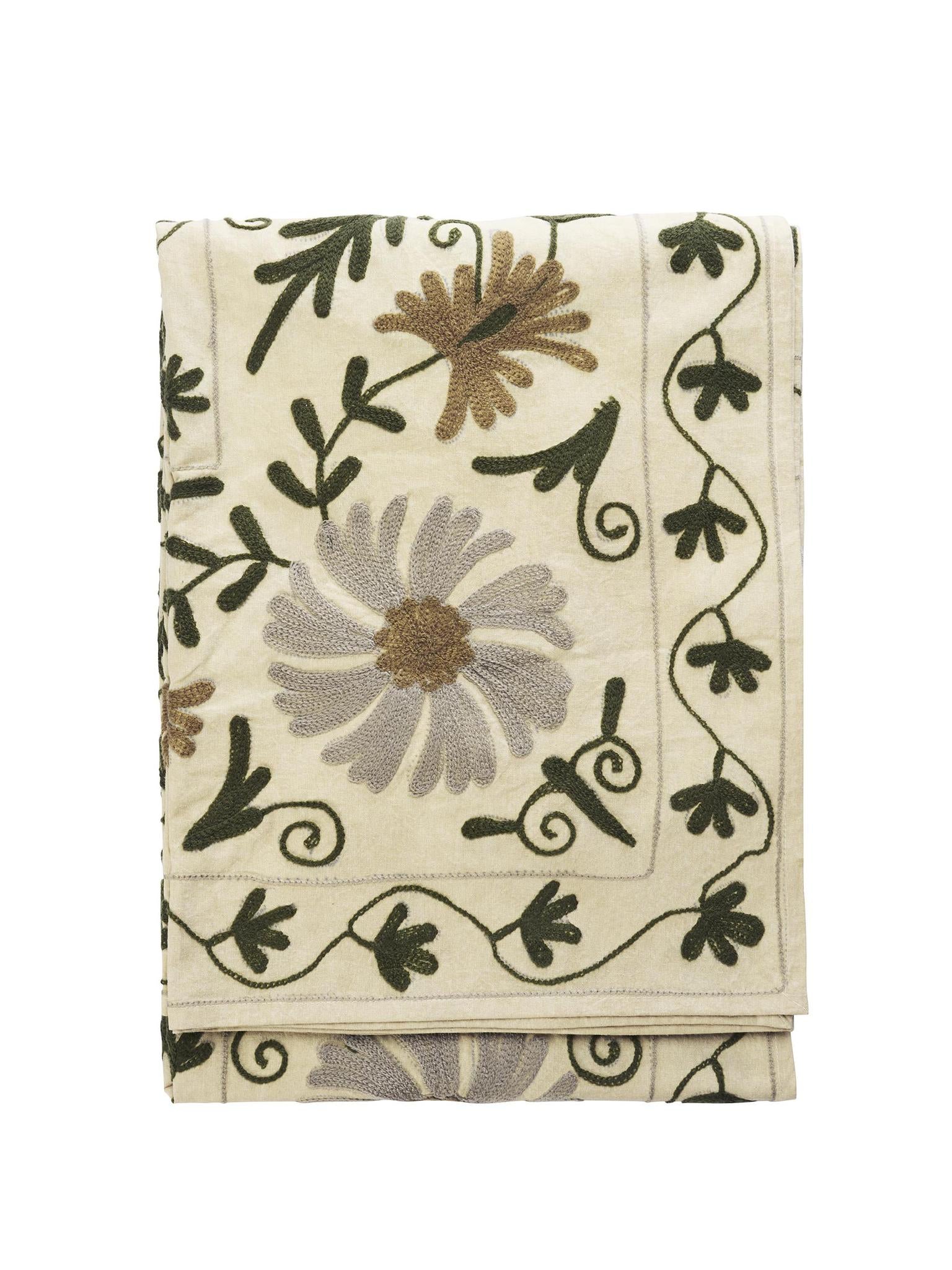 Suzani Cotton Embroidered Throw Ecru, green &amp; tapenade