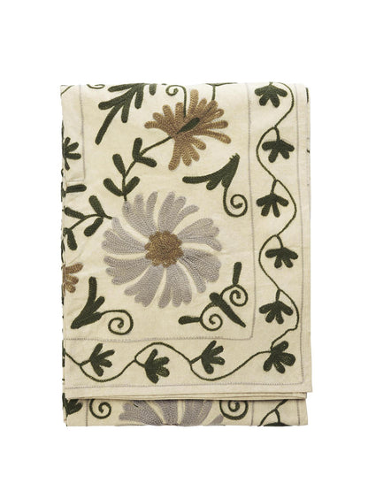 Suzani Cotton Embroidered Throw Ecru, green &amp; tapenade