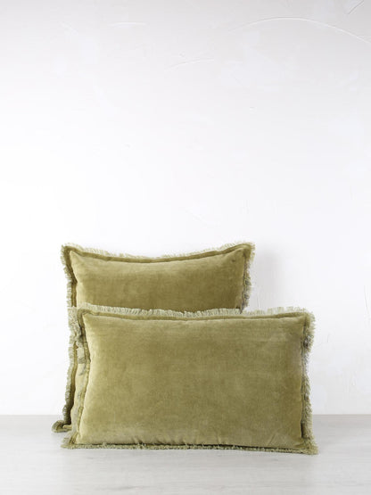 Fara Fringed Velvet Cushion - Olive - 3 Sizes Available